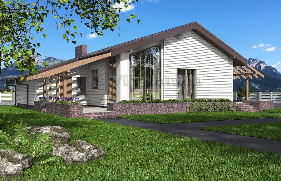 Проект индивидуального одноэтажного жилого дома с террасами и гаражом