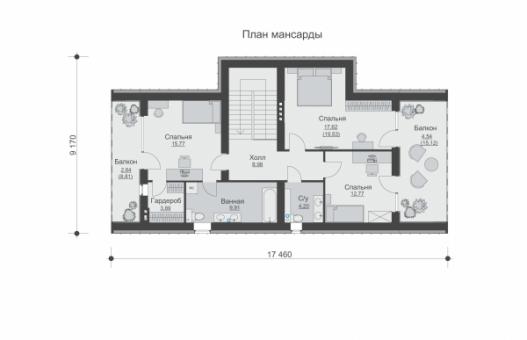 Одноэтажный дом с мансардой, террасами и балконами.